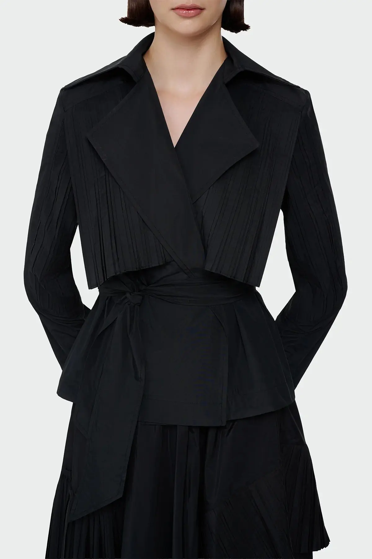 Pleated Detail Tie-Waist Jacket — Black, photo 2
