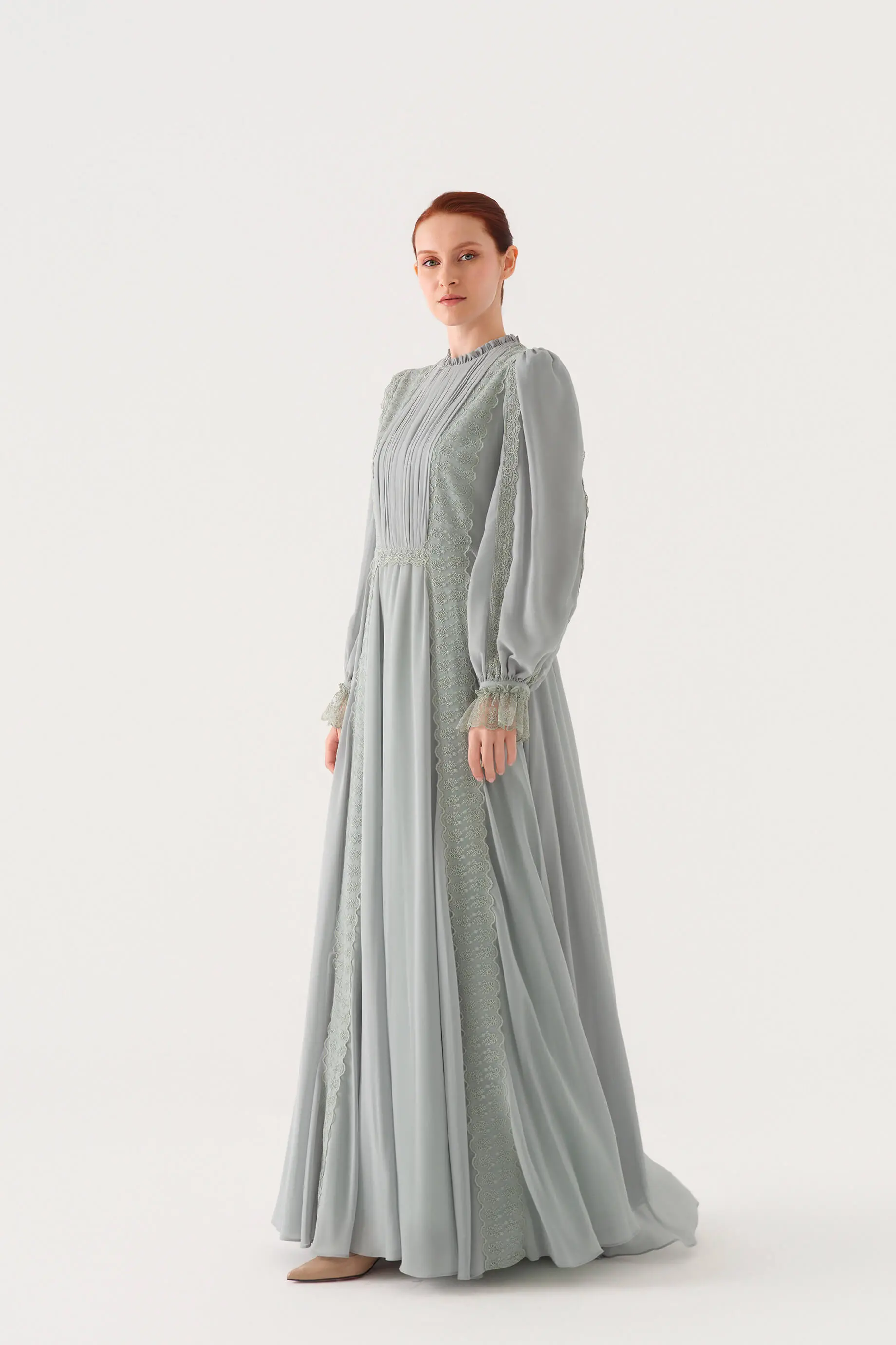 Lace-Trim Pleated-Front Chiffon Maxi Dress – Green, photo 2