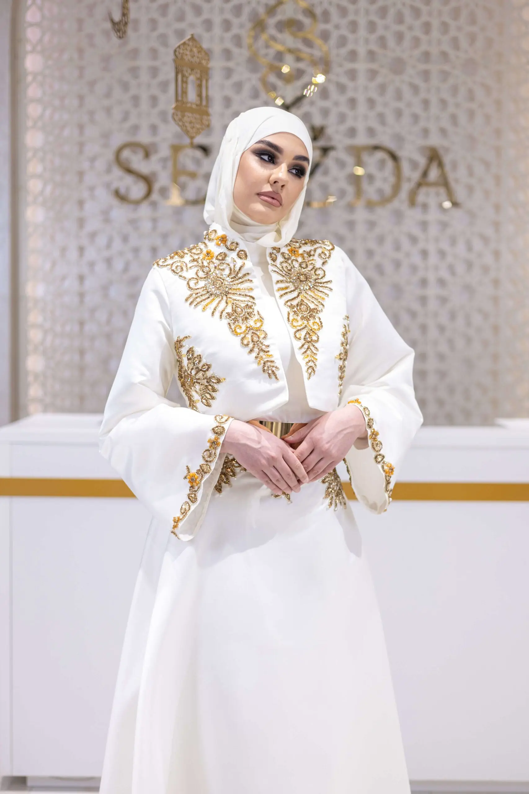 Golden Mirage Aura Satin Co-Ord Set with Skirt – White, photo 4