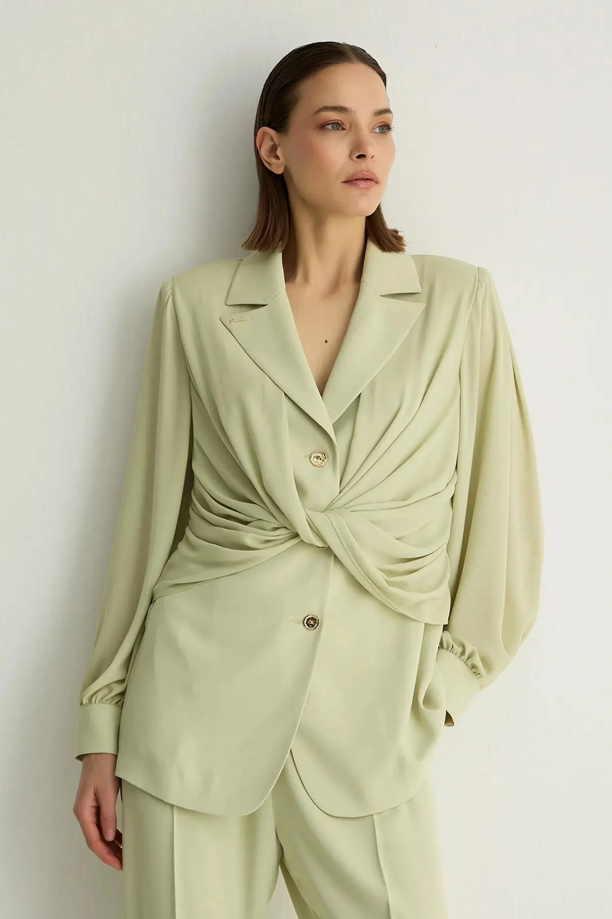Nadia Draped Waist Tailored Jacket – Pastel Green, photo 2