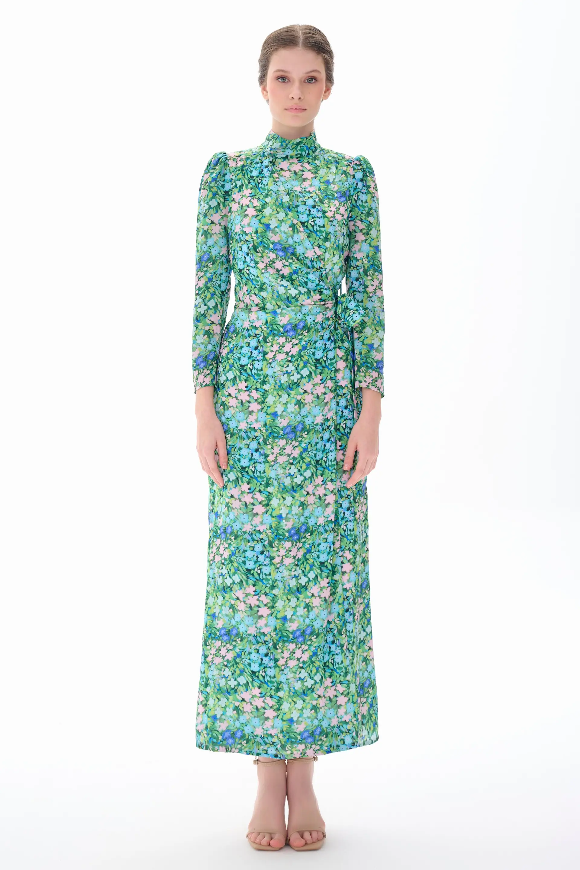 Floral Wrap Tie-Waist Dress – Green