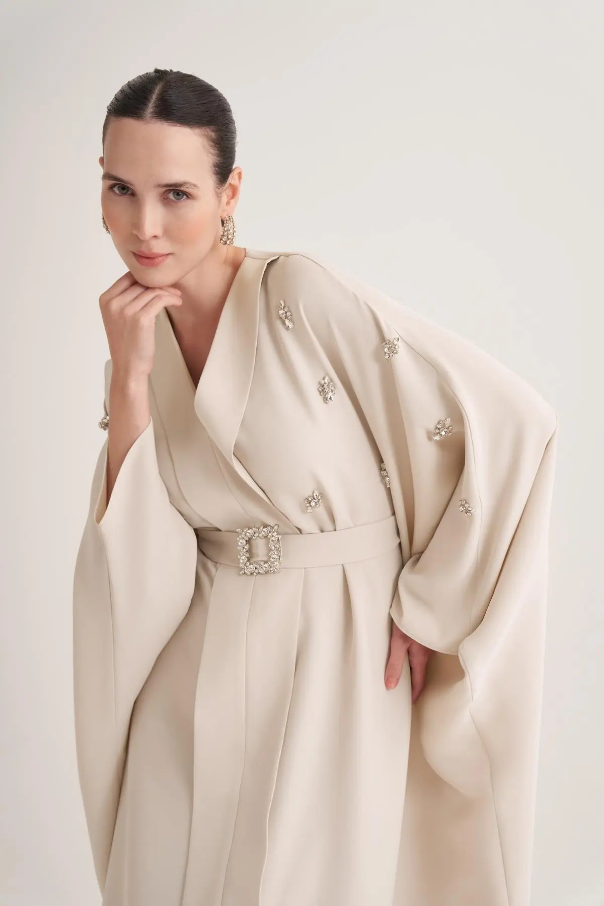 Selena Embellished Belted Evening Kaftan – Beige, photo 3