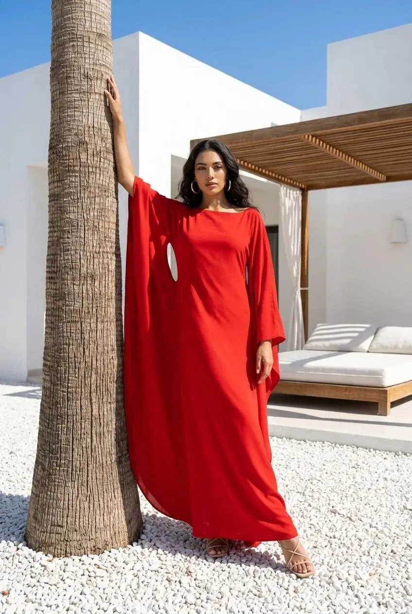 Oblo' Recycled Fabric Cape-Sleeve Maxi Dress – Red, photo 2