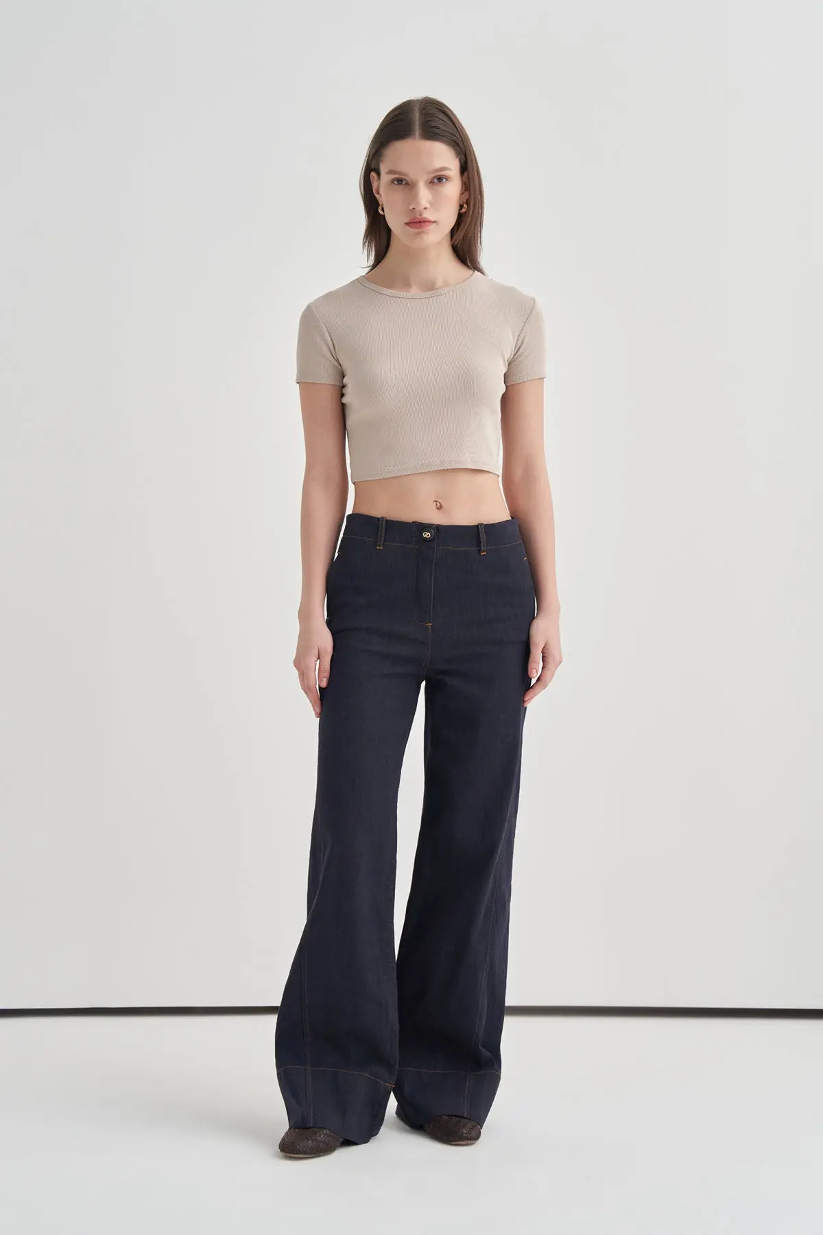 Yüksek Bel Geniş Paça Denim Pantolon