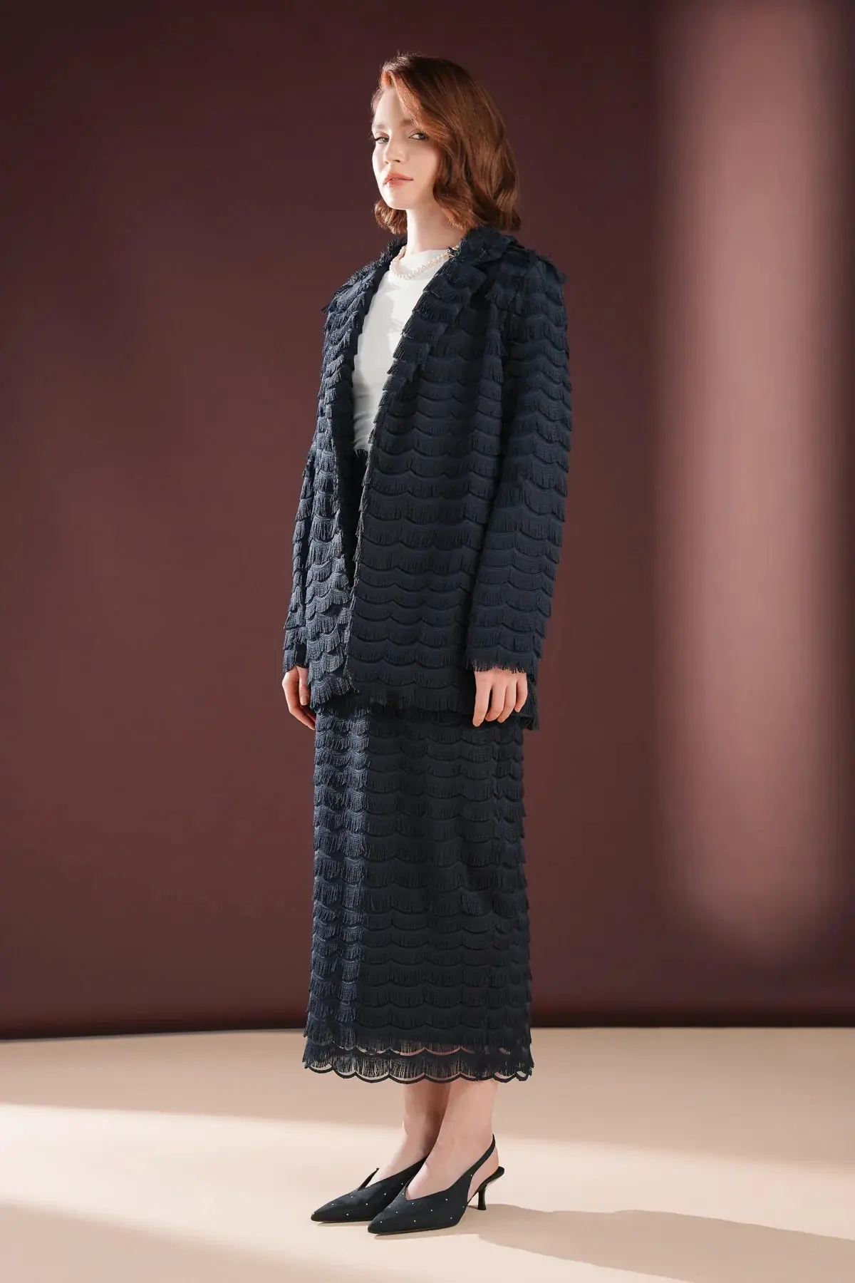 Elowen Textured Fringe Skirt & Jacket Set – Navy, photo 6