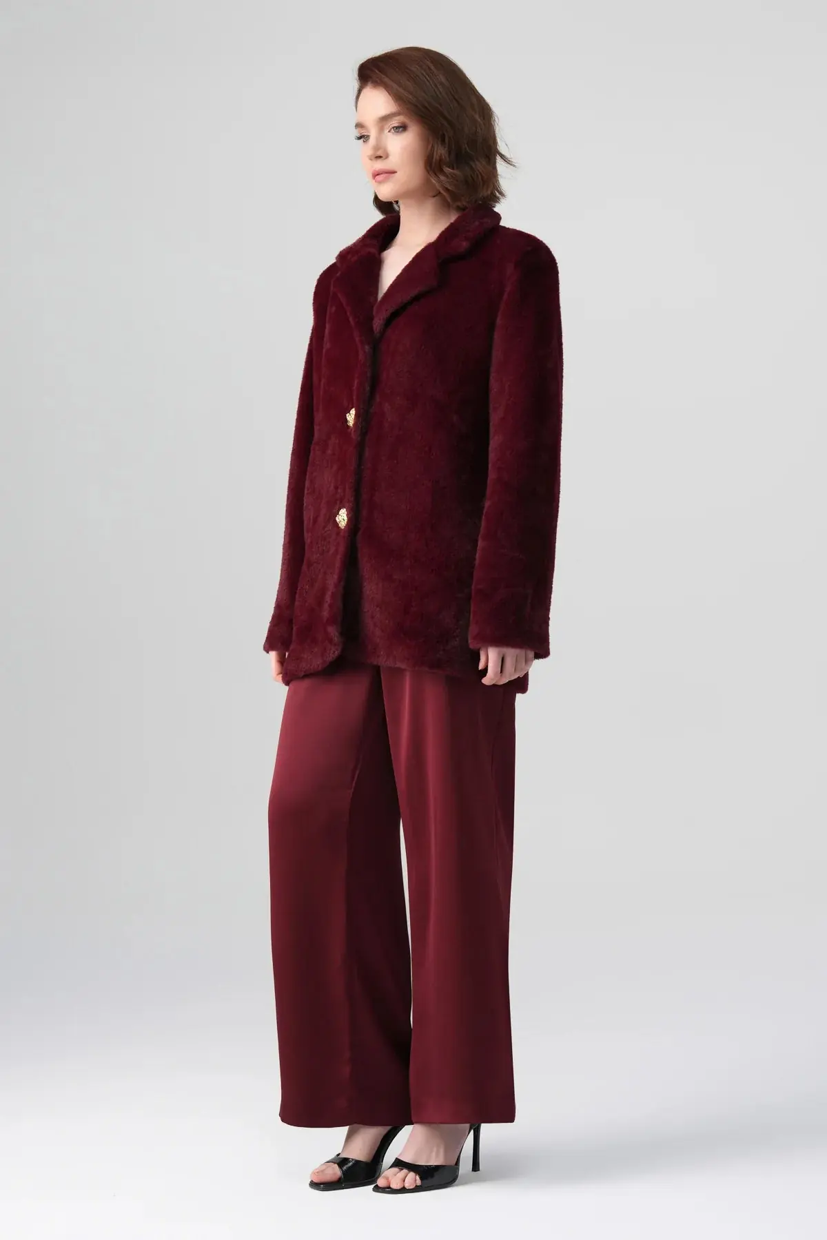 Marcel Evening Faux Fur Coat – Burgundy, photo 7