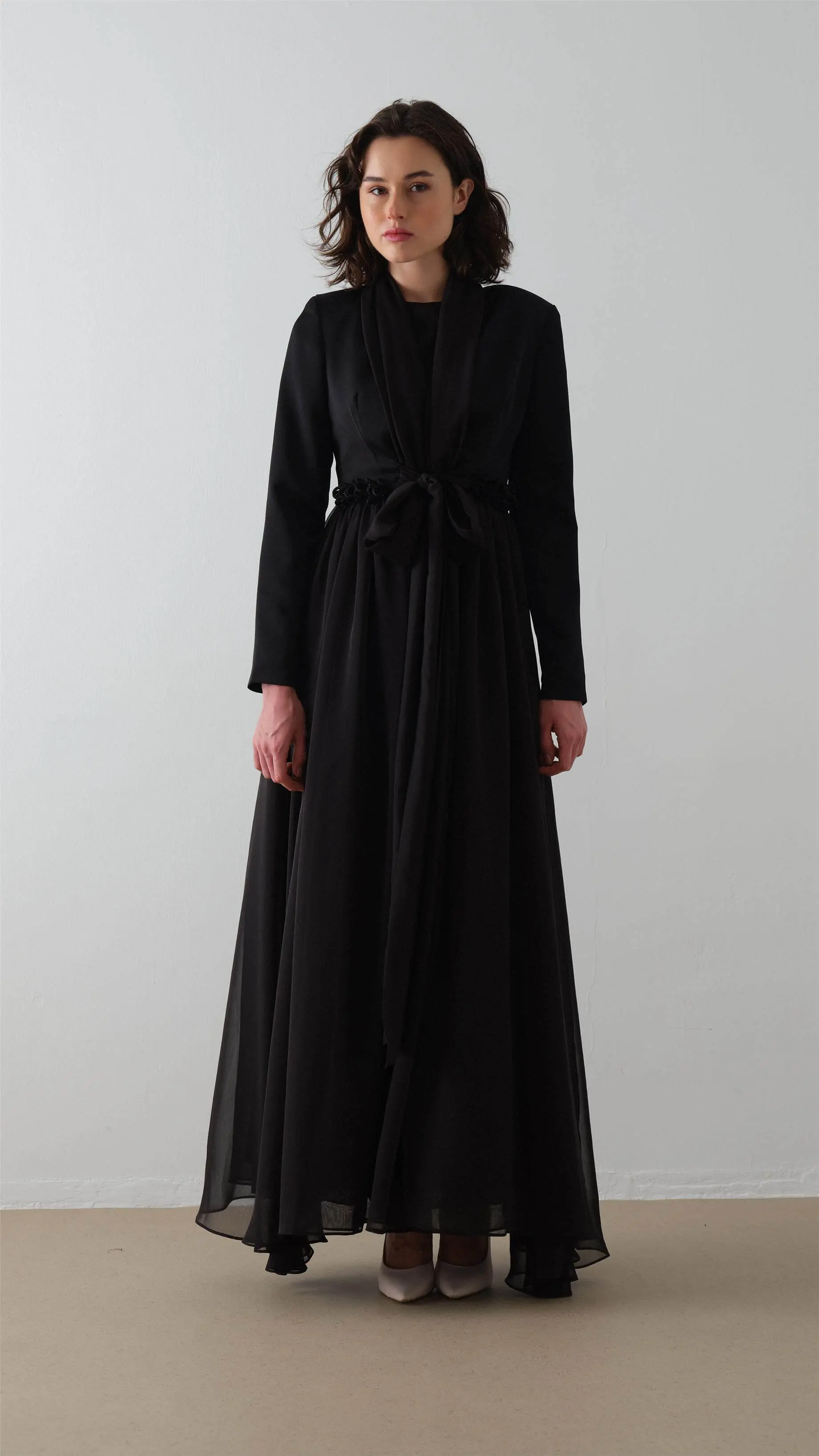 Scarf-Collar Jacket and Dress Set - Black