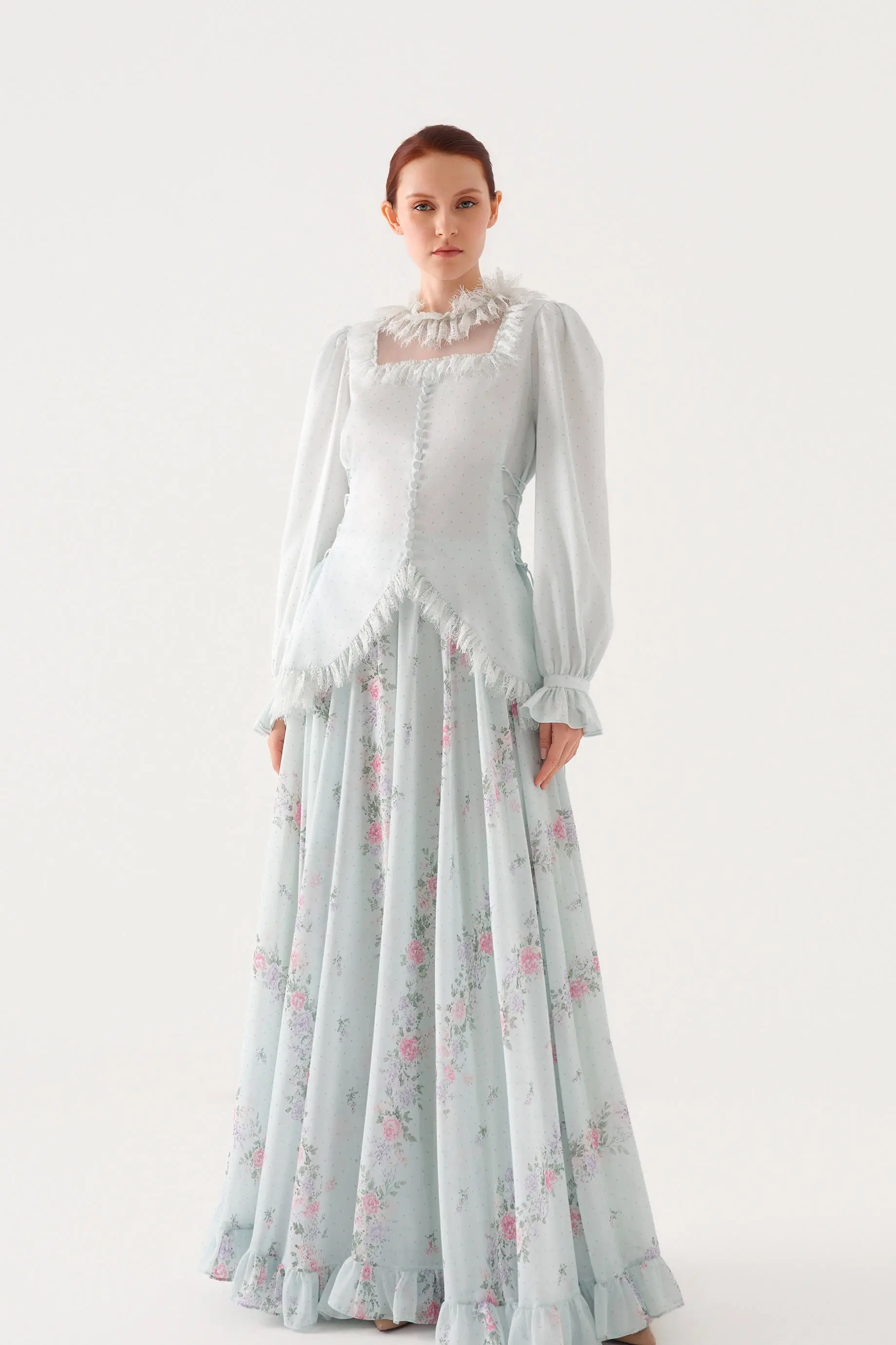 Polka-Dot Lace-Trim Blouse and Chiffon Skirt Set – Blue