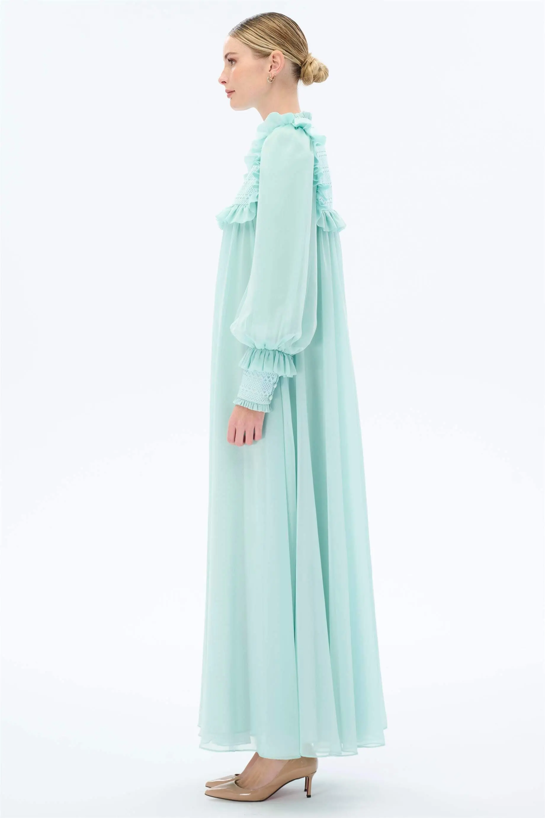 Embroidered Lace Yoke Chiffon Dress – Mint, photo 2