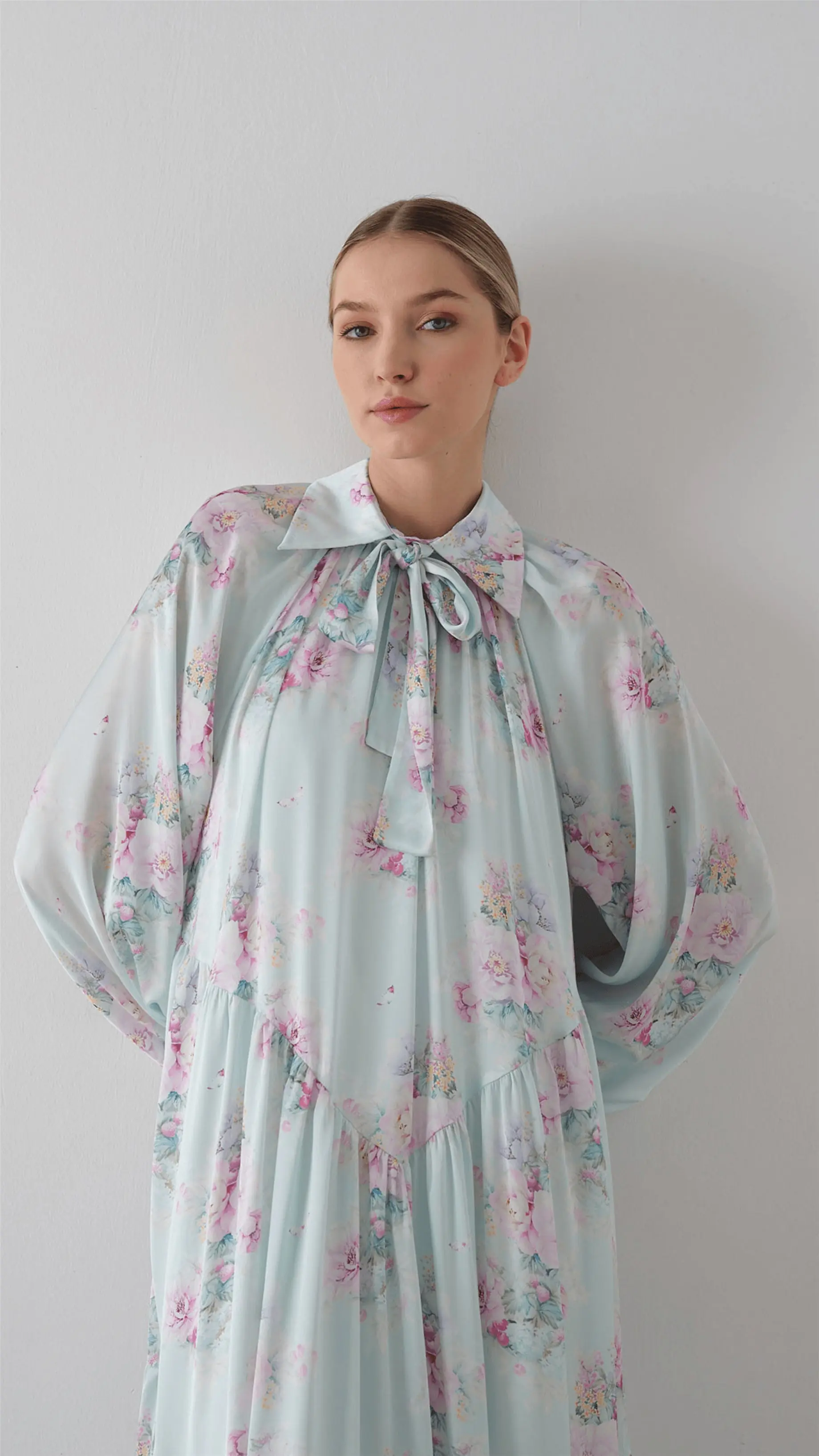 Bow Neck Chiffon Satin Dress – Blue, photo 2