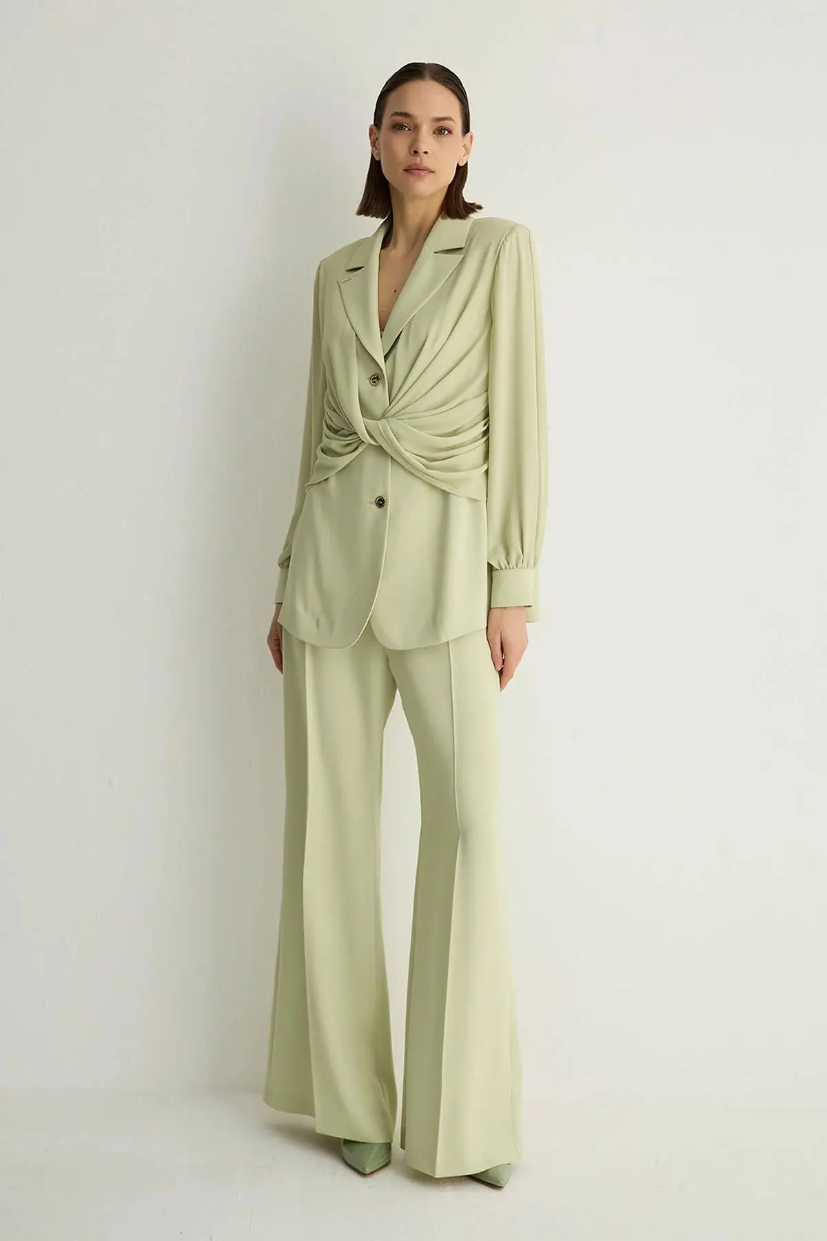 Nadia Draped Waist Tailored Jacket – Pastel Green