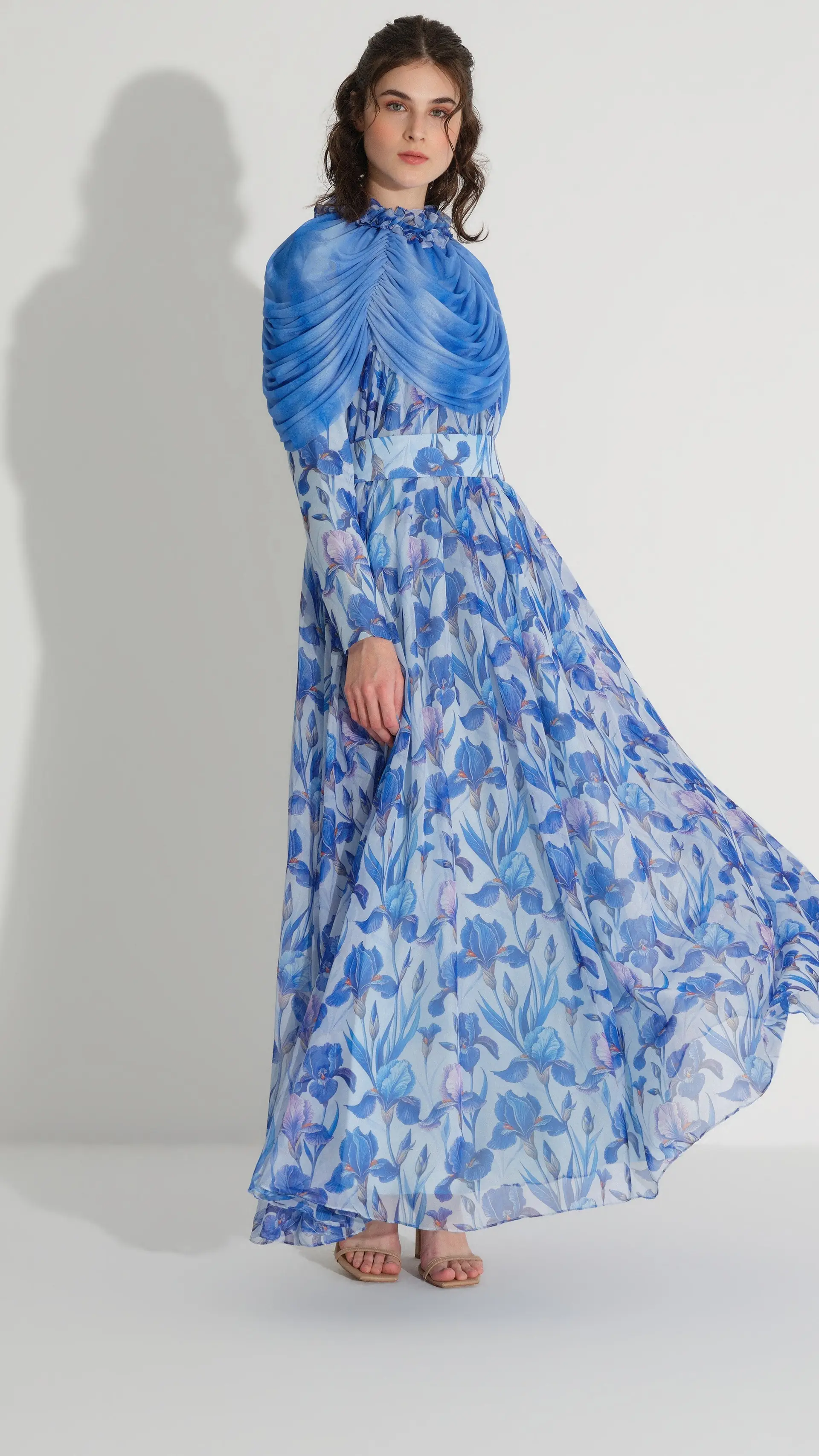 Cape Detail Silk Chiffon Dress – Blue, photo 4