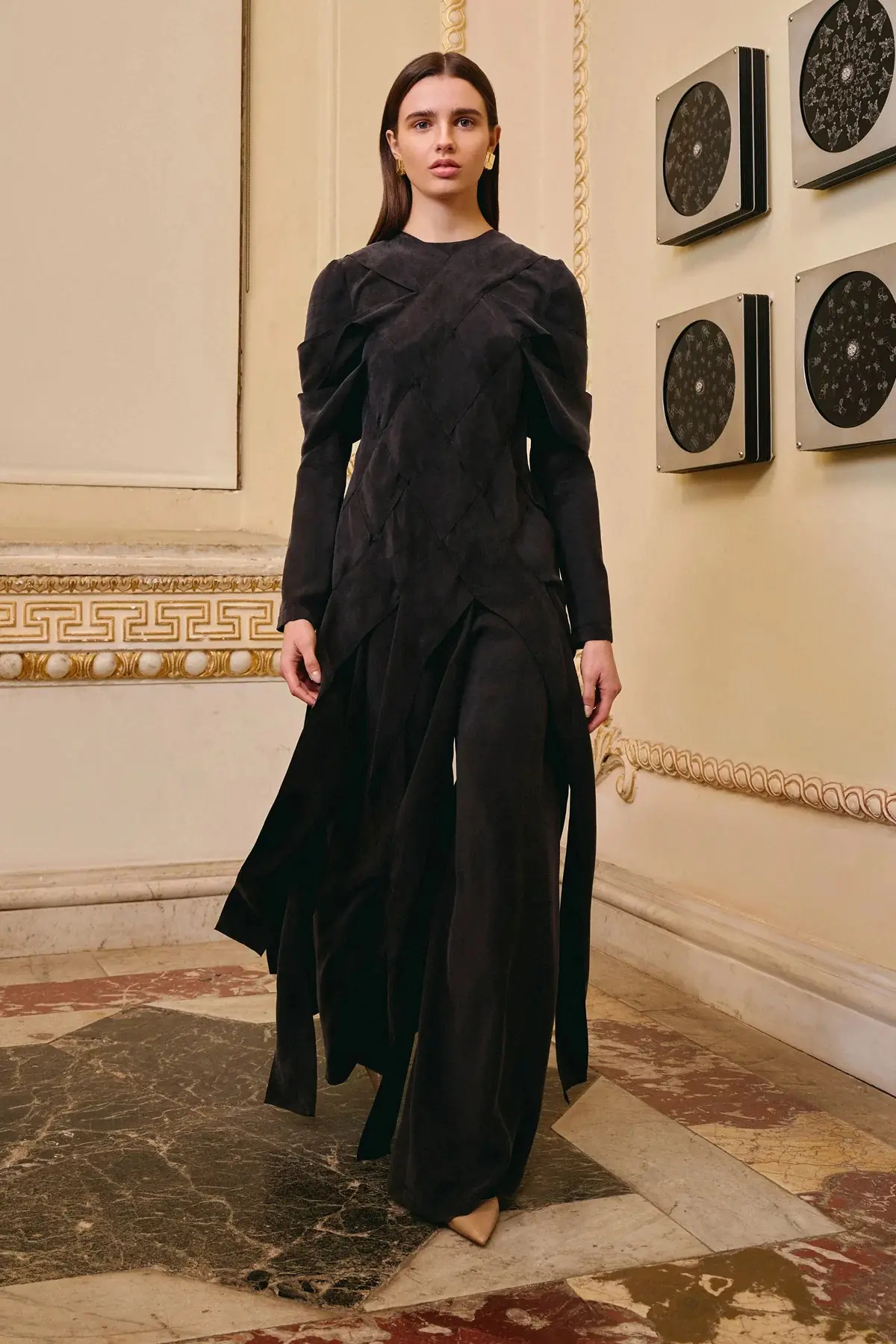 Cross-Stitch Detailed Top & Wide-Leg Pants Set – Black, photo 4