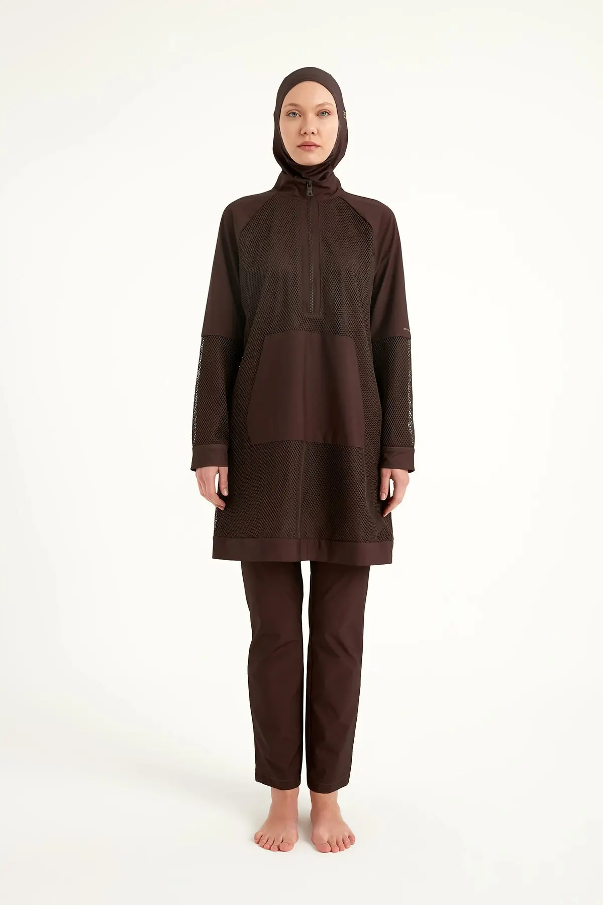 Full Coverage Tulle Detail Modest Swimwear Burkini Set - Brown, photo 5