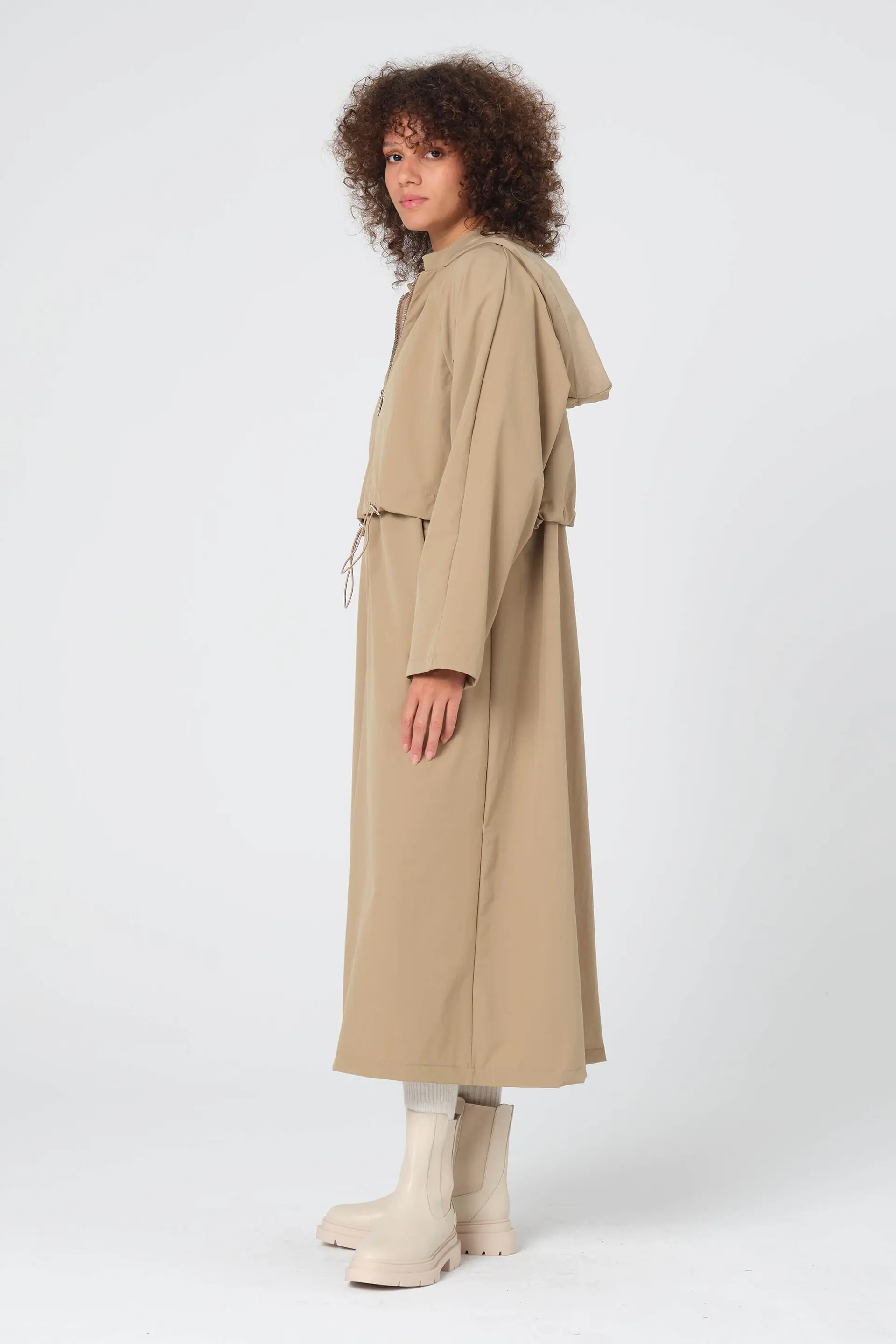 Kapüşonlu Bi Stretch Trençkot - Bej, photo 2