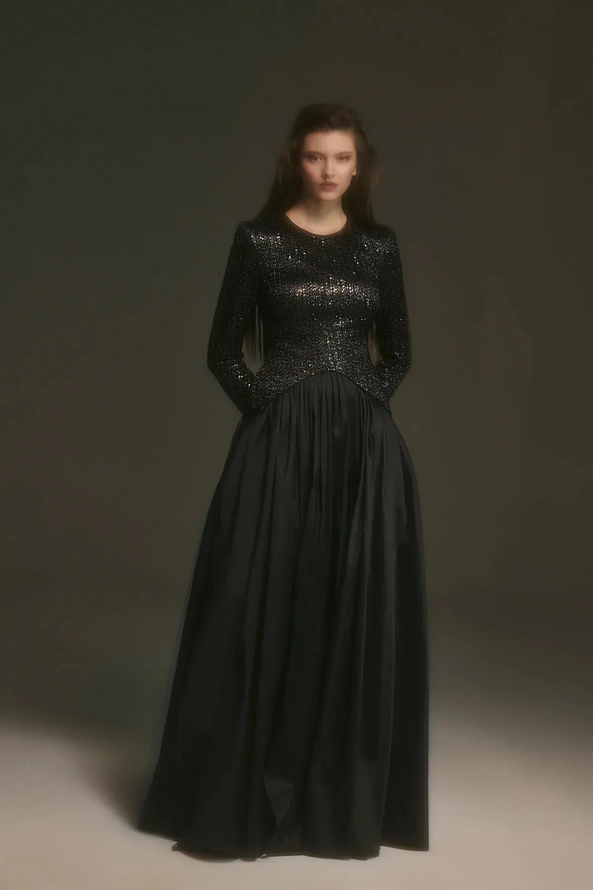 Sequin-Embellished Long-Sleeve Evening Gown - Black, photo 3