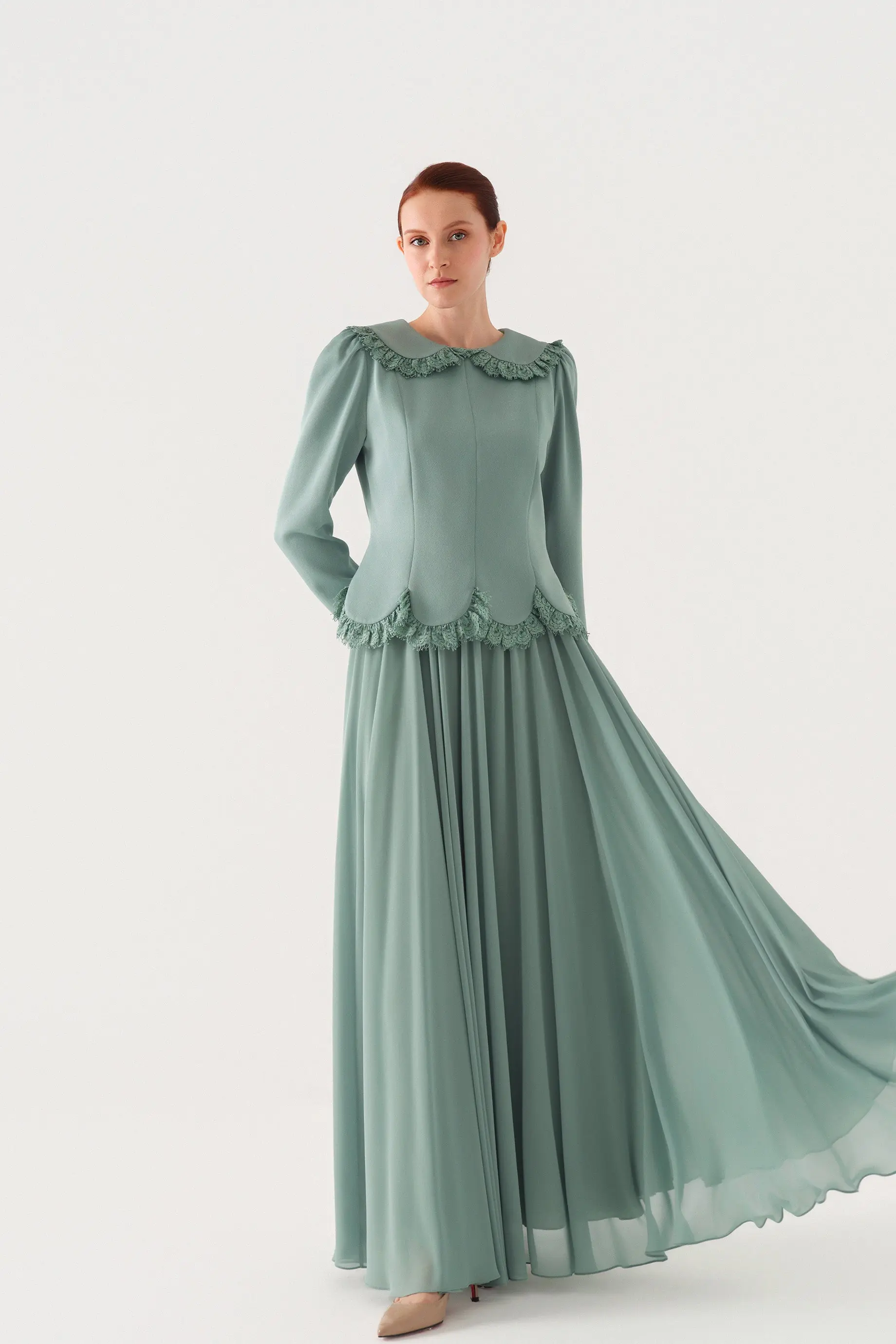 Peter Pan Collar Blouse and Lace-Trim Skirt Set – Green, photo 3