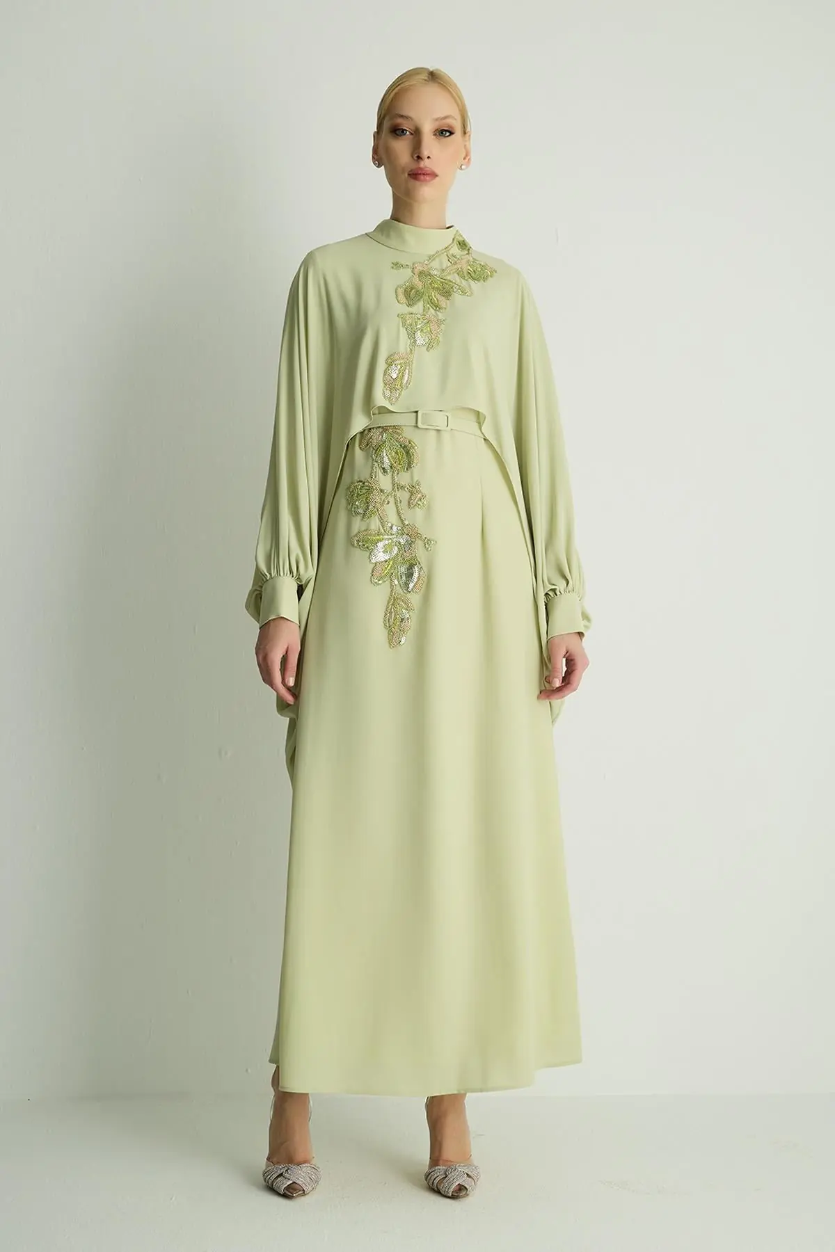 Petunia Embellished Cape Dress – Pastel Green, photo 2